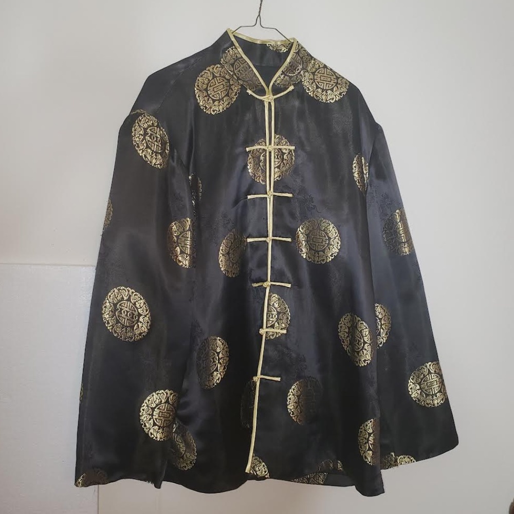 Mens Vintage Chinese Black/ Gold Tang Suit with Stand-up Collar (Jacket & Pants)